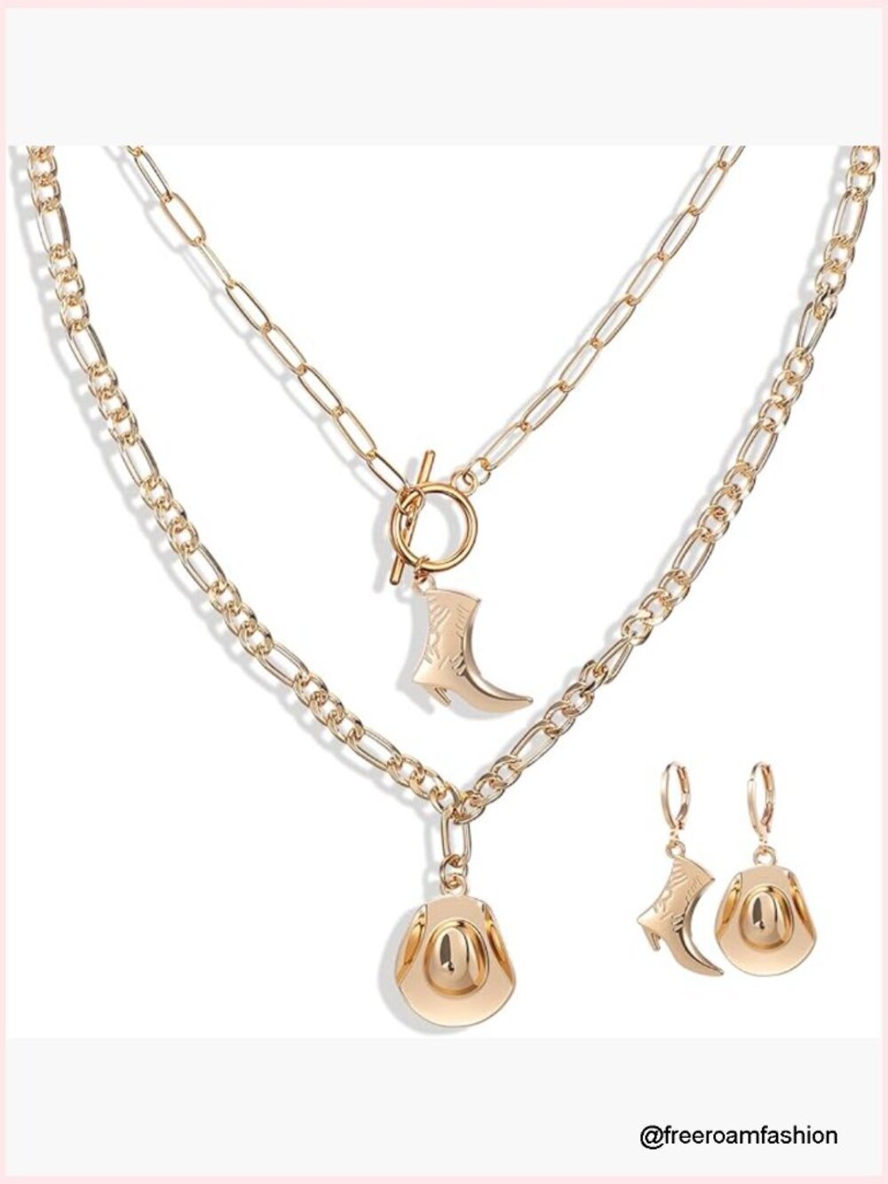 Gold Western Cowgirl Necklace Set - 4pc with Hat & Boot Charms, Dainty Jewelry